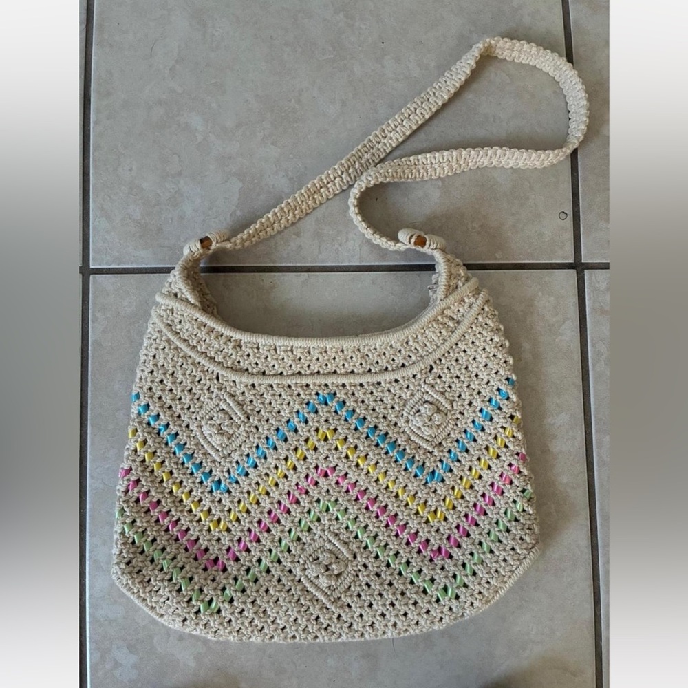 Crochet Cream Shoulder Bag with Multicolor Chevron Detail